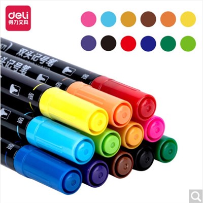 得力/deli DL-S571 書(shū)寫(xiě)用筆類(lèi)用具彩色雙頭記號(hào)筆勾線筆馬克筆套裝 繪畫(huà)涂鴉彩繪筆 12色DL-S571